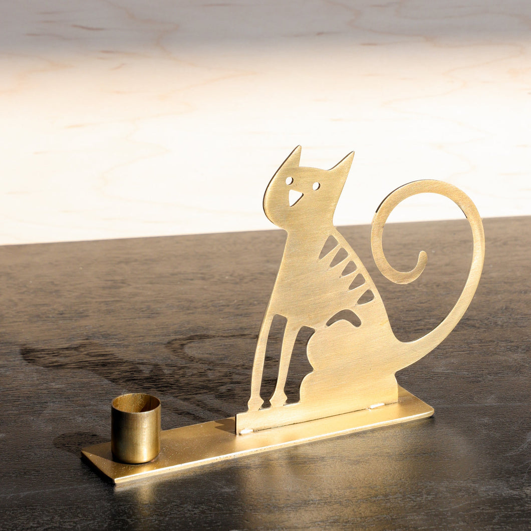 HD 7″ ANT. BRASS CAT CANDLE HOLDER PDME015